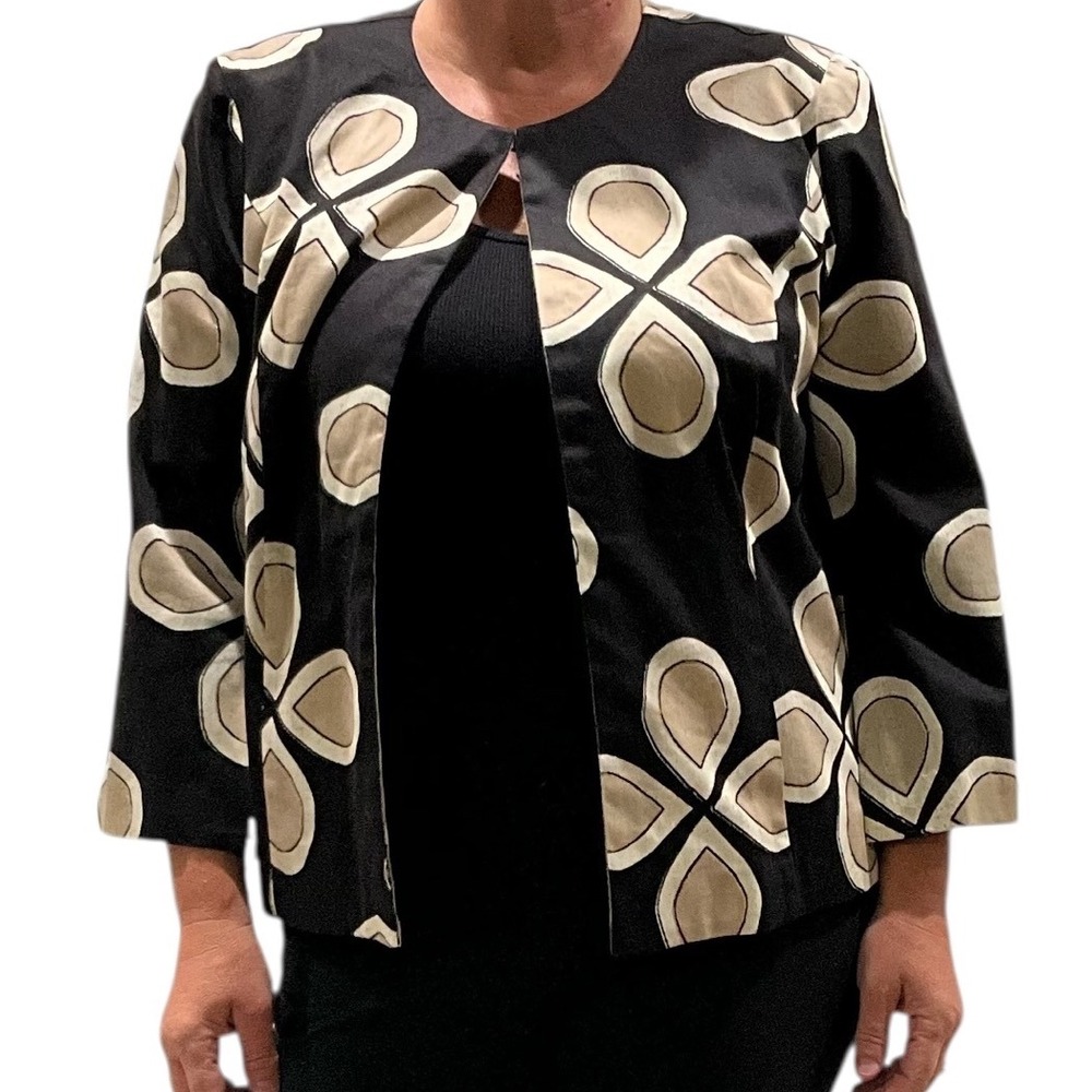 Chico's Black Floral Print Open Front Jacket Blazer Size 2 (12/14) Spring Easter
